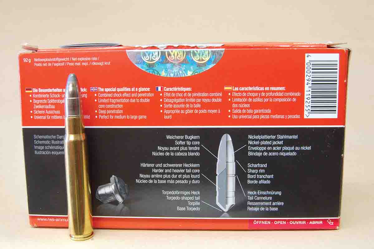 The back of an RWS 9.3x64 Brenneke ammunition box shows a cutaway of the slightly modified Brenneke TUG bullet used today.